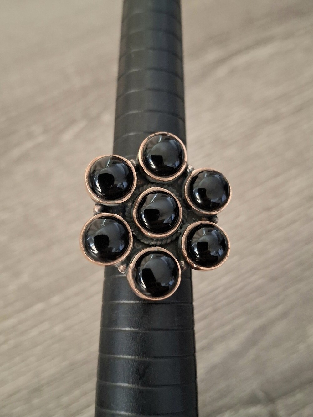 Black Onyx Cluster Natural Stones Copper Adjustable Band 5-8 Ring